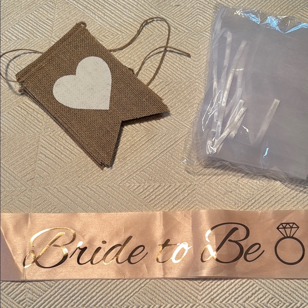 Pink Rose and Gold Bride to Be Sash, Banner and White veil with Satin trim